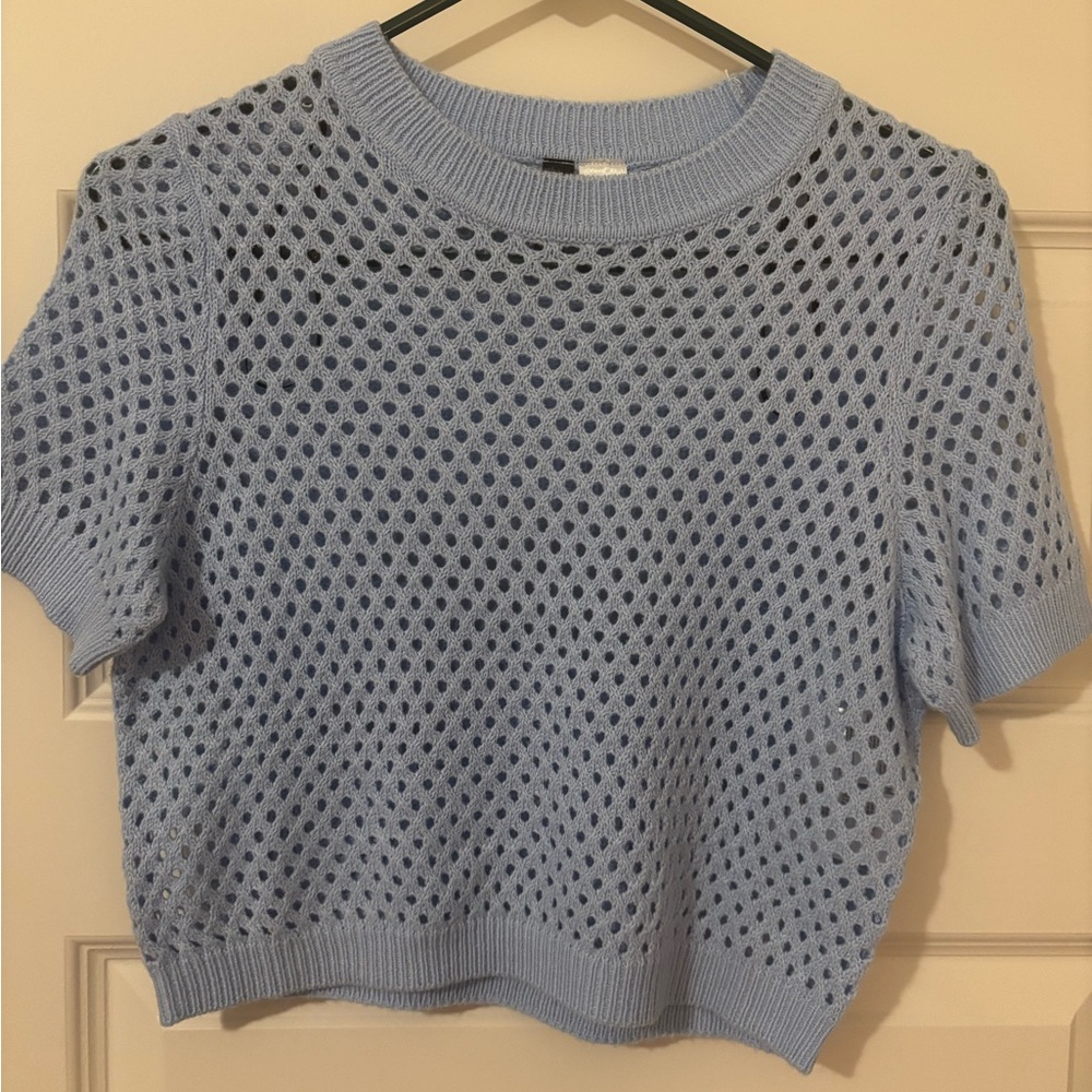 Light Blue Open-Knit Short Sleeve Sweater